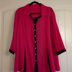 FRIDAZE Wmn's Pink Button Down Shirt/Blk Sheer Peek-a-boo